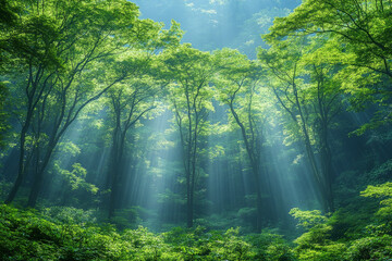 Wall Mural - A forest with trees and sunlight shining through the leaves