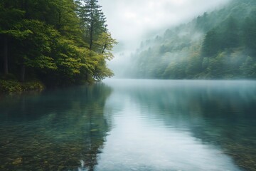 Wall Mural - Misty lake with green forest and mountain in background. Tranquil nature scene with reflection on water