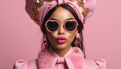 Wall Mural - Chic pink fashion accessories collection for dolls featuring crowns, perfumes, lipsticks, sunglasses, and high heels with heart motifs