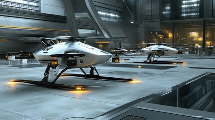 Wall Mural - Futuristic hangar with sleek drones ready for operation.