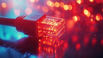 A close-up of a glowing red USB connector against a blurred colorful background.