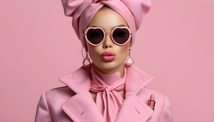 Poster - Chic pink fashion accessories collection for dolls featuring crowns, perfumes, lipsticks, sunglasses, and high heels with heart motifs