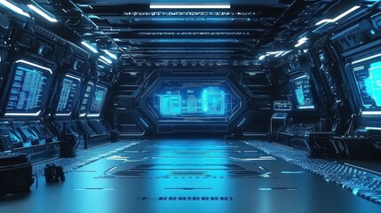 Futuristic interior of a high-tech control room with glowing screens and metallic surfaces.