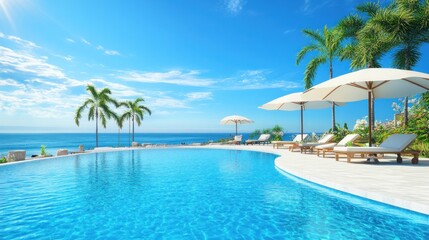 A serene poolside view overlooking the ocean with palm trees and umbrellas.