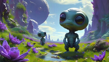 Wall Mural - Whimsical extraterrestrial landscape with friendly large-eyed aliens amidst vibrant purple flowers in a lush futuristic terrain