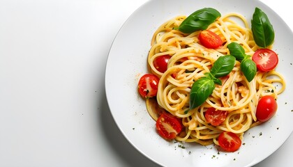 Wall Mural - Vibrant pasta dish featuring fresh tomatoes and aromatic basil on a clean white backdrop