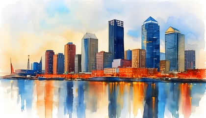 Wall Mural - Vibrant watercolor cityscape showcasing modern urban buildings and the hustle of city life