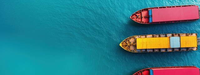 Aerial view of cargo ships and shipping containers floating on calm blue ocean waters representing global logistics freight transport and international trade