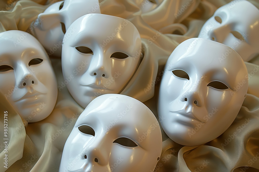 Mask Contrast White plastic masks in theatre setting. Gold accents on masks add touch ...