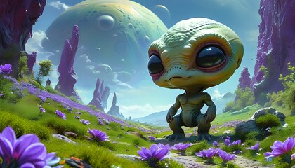 Wall Mural - Whimsical extraterrestrial landscape with friendly large-eyed aliens amidst vibrant purple flowers in a lush futuristic terrain