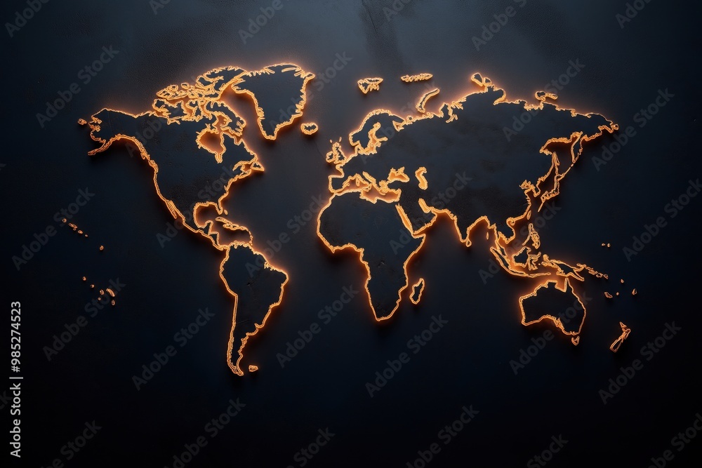 Glowing world map with continents and countries illuminated in abstract ...