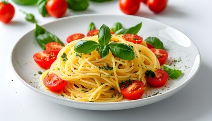 Wall Mural - Delicious spaghetti adorned with fresh tomatoes and fragrant basil against a clean white backdrop