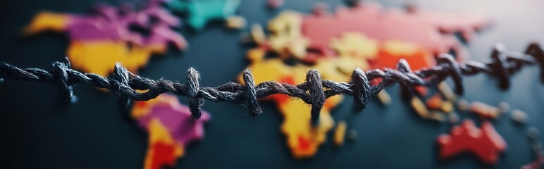 Poster - interconnected global network of wire and cable in the shape of a world map on a colorful abstract t