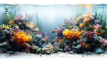 Vibrant underwater scene with colorful coral and diverse fish.