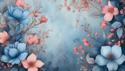 Wall Mural - Charming hand-drawn floral backdrop featuring blue and pink blossoms intertwined with graceful leaves