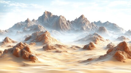 A vast desert landscape with rugged mountains and soft sand dunes.