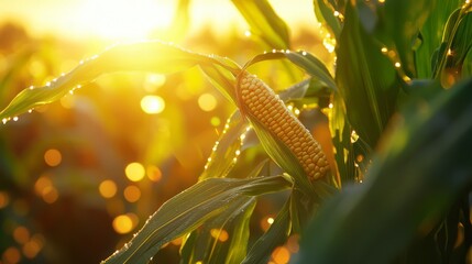 Wall Mural - Sunlit Cornfield with Dew Drops at Sunrise