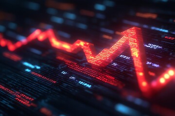 Poster - A glowing red arrow pointing up on a dark blue digital background with code.