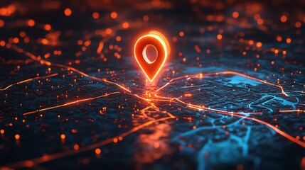 Leinwandbilder - A glowing red location pin sits on a futuristic city map, illuminated by orange lines.