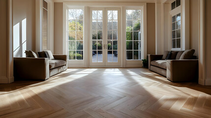 Wall Mural - Sunlight Streaming Through French Doors in a Living Room with Herringbone Hardwood Floors - Interior Design Photo