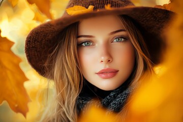 A high contrast portrait of a beautiful girl embodying the essence of the fall season. Her warm, autumn-inspired attire contrasts vividly against a backdrop of colorful fall leaves