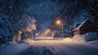 © Chonticha - A peaceful snowy night scene with streetlights illuminating a snow-covered road in a quiet neighborhood. -