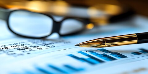 Aufkleber - A gold pen lays on a document with a blue bar graph, blurred glasses in the background.