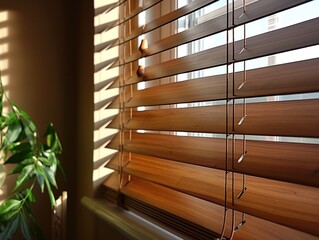 Poster - Wooden blinds next to window with sunlight on side. Light brown color, partially open slats. Plant with lush green leaves on left, white wall on right. Balanced composition, harmonious atmosphere.