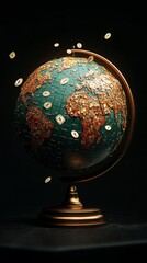 Poster - A golden globe with a green surface has gold coins surrounding it on a dark background.