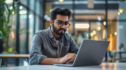 Poster - an indian software engineer working on laptop in modern office, portrait of a man working on laptop