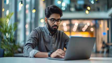 Poster - an indian software engineer working on laptop in modern office, portrait of a man working on laptop