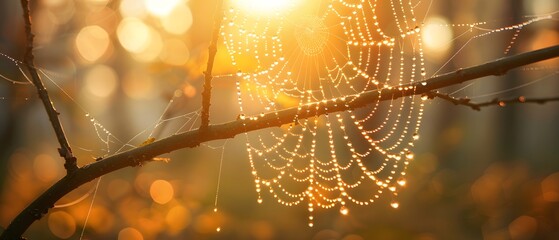 Dew drops on spider web in morning light.