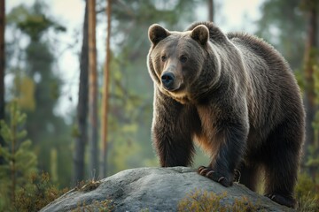 Wall Mural - Grizzly bear on rock in forest. Furry animal on tree stump in woodland area. Brown bear in wilderness, wild animal in nature. Plants, foliage surround bear in forest landscape. Blurry background,