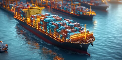 Poster - A large cargo ship carrying multiple containers, illuminated by bright lights, sails across a calm ocean.