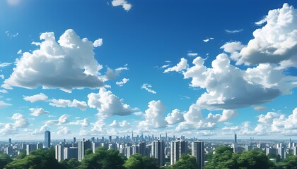 Wall Mural - serene cityscape featuring high-rise buildings under a calming sky with scattered clouds and expansive urban sprawl