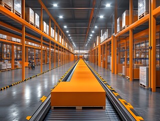 Poster - A large warehouse with orange metal shelving units filled with stacked boxes and a conveyor belt in the center.