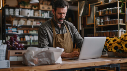 Poster - Small business owner managing am online store working on laptop, e commerce business concept, digital marketing