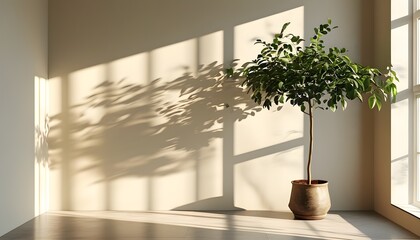 Wall Mural - Sunlit shadows of a potted plant dance on a minimalist cream wall through a softly illuminated window