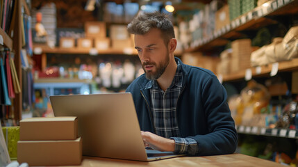 Poster - small business owner managing am online store working on laptop, e commerce business concept, digita