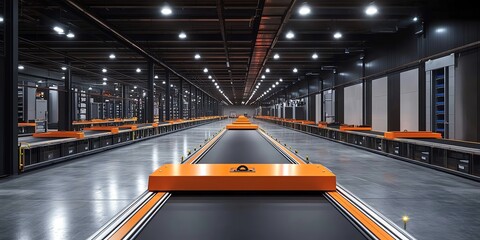 Poster - A long, straight conveyor belt system in a modern warehouse.