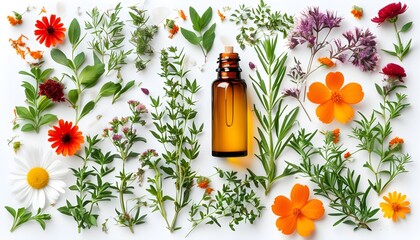 Wall Mural - Organic herbs and essential oils arranged beautifully on a white background, highlighting natural skincare and aromatherapy benefits