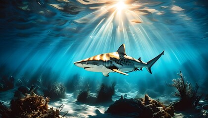 Wall Mural - Graceful sharks gliding through sunlit ocean depths with rays of light filtering through water