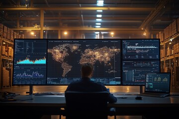 Poster - A man sits at a desk in a warehouse, looking at computer monitors that show global data.