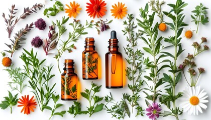 Wall Mural - Organic herbs and essential oils arranged beautifully on a white background, highlighting natural skincare and aromatherapy benefits