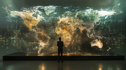 Aufkleber - A man stands in front of a large projection of the world, with a futuristic and abstract design.