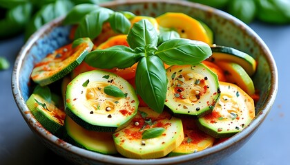 Wall Mural - Vibrant bowl of sliced zucchini garnished with fresh basil and spices, showcasing a healthy and appetizing dish