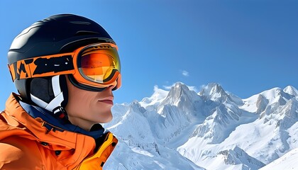 Skier gazing at majestic snow-covered mountains under a clear blue sky, equipped with helmet and orange goggles