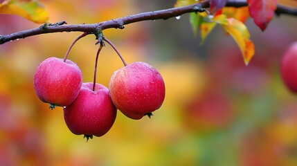 Wall Mural - A vivid apple tree branch with fresh, colorful apples and vibrant green leaves. Close-up of a healthy apple branch showing the rich hues of the fruit and foliage. 