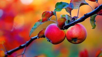 Wall Mural - A vivid apple tree branch with fresh, colorful apples and vibrant green leaves. Close-up of a healthy apple branch showing the rich hues of the fruit and foliage. 