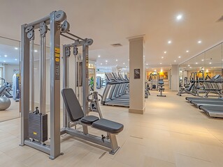 A modern gym interior with a weight machine in the foreground, treadmills in the background, and a mirror wall reflecting the space.